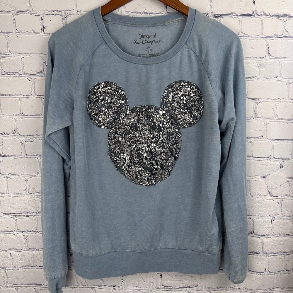 Disney Parks Mickey Ears Icon Sequin Lace Long Sleeve Blue Size Small